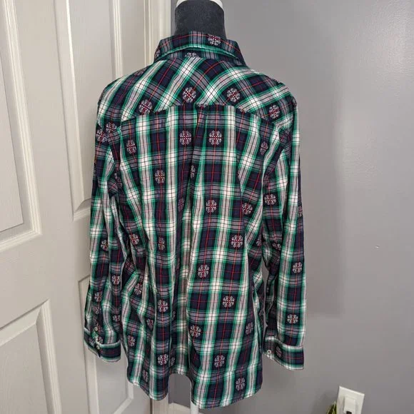 Talbots Classic Cotton Shirt Snowflake Jacquard Plaid - Picture 2 of 9